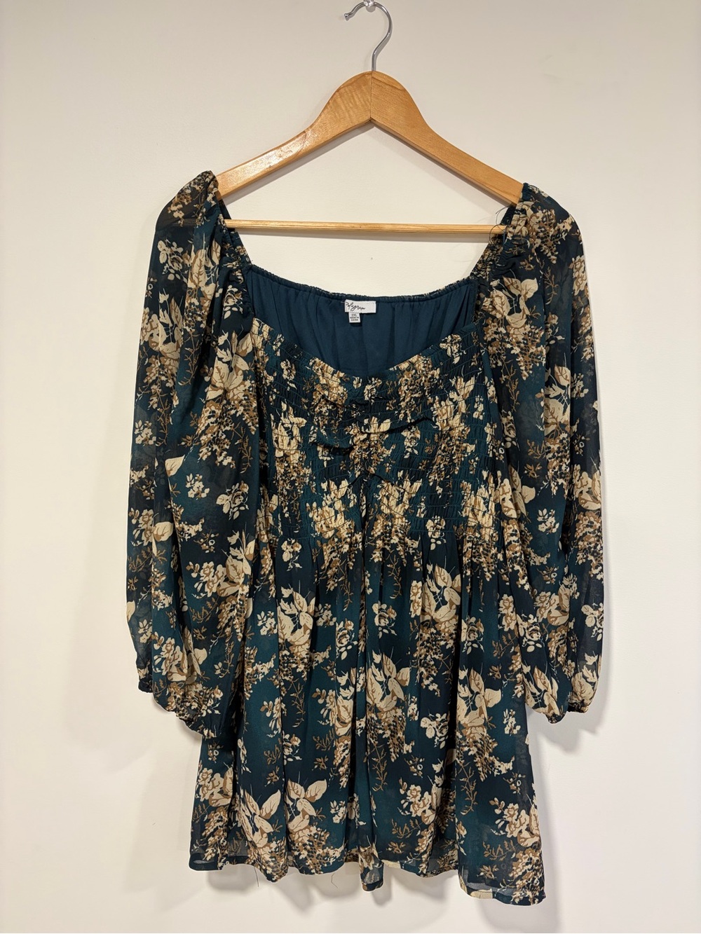 Floral Teal Smocked Peasant Blouse